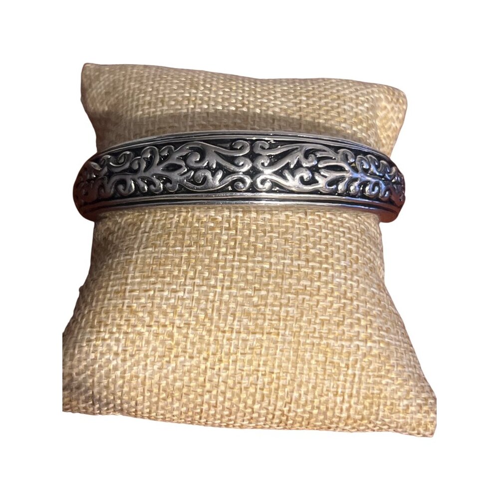 Vintage Silver Tone Clamper Bangle Bracelet Etched Scrollwork 5/8" wide 6.5"